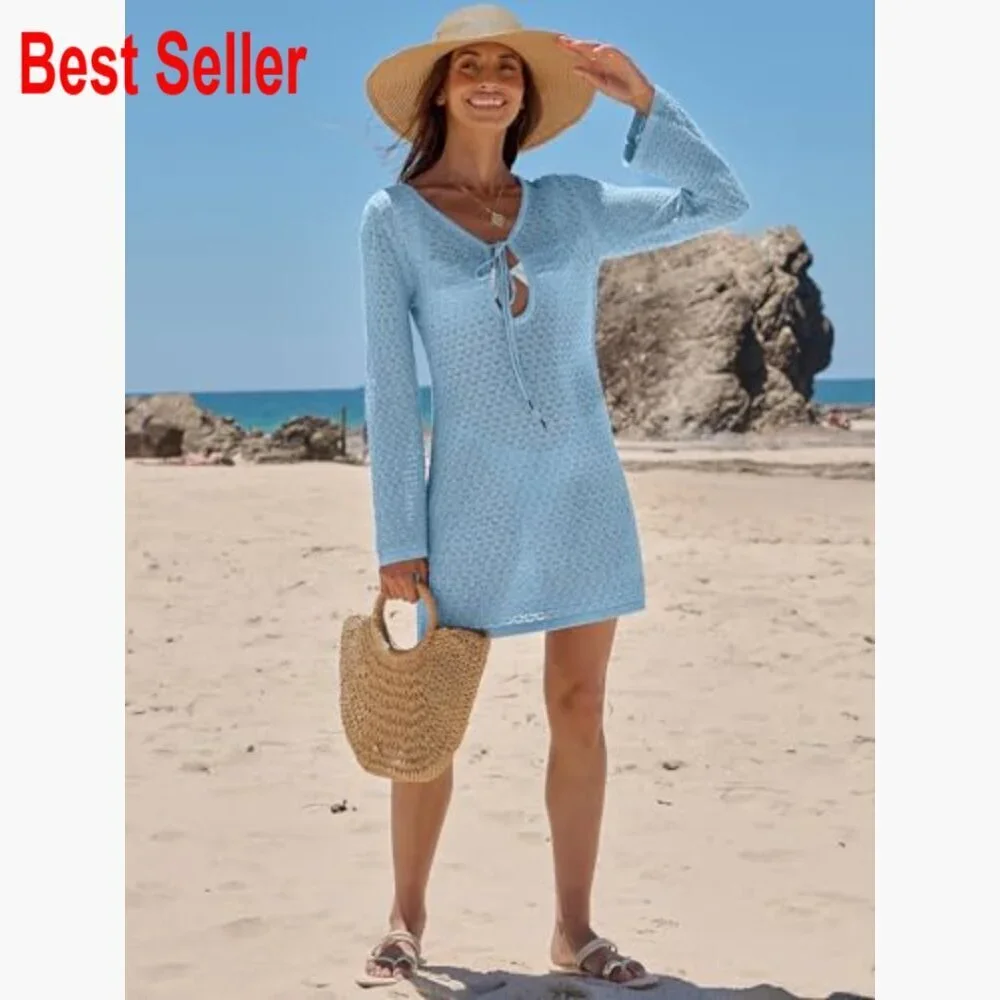 Crochet Mesh Knit Swimsuit Cover Up Dress with V-Neck and Long Sleeves